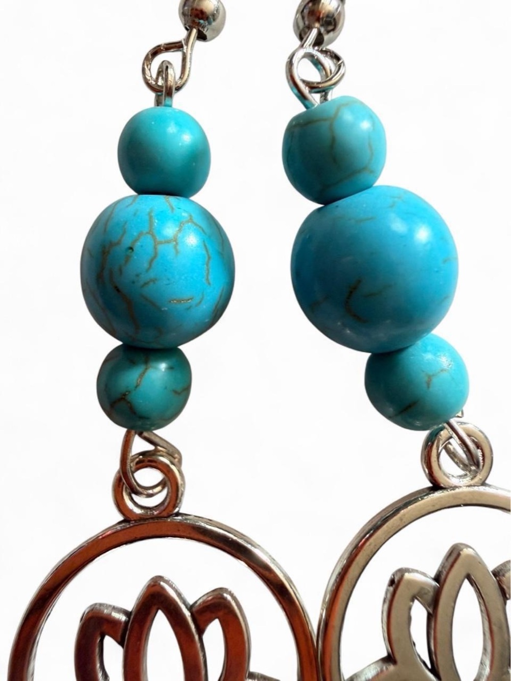 Handmade Silver Lotus Flower & Turquoise Bead Dangle Drop Earrings Boho - Picture 4 of 5